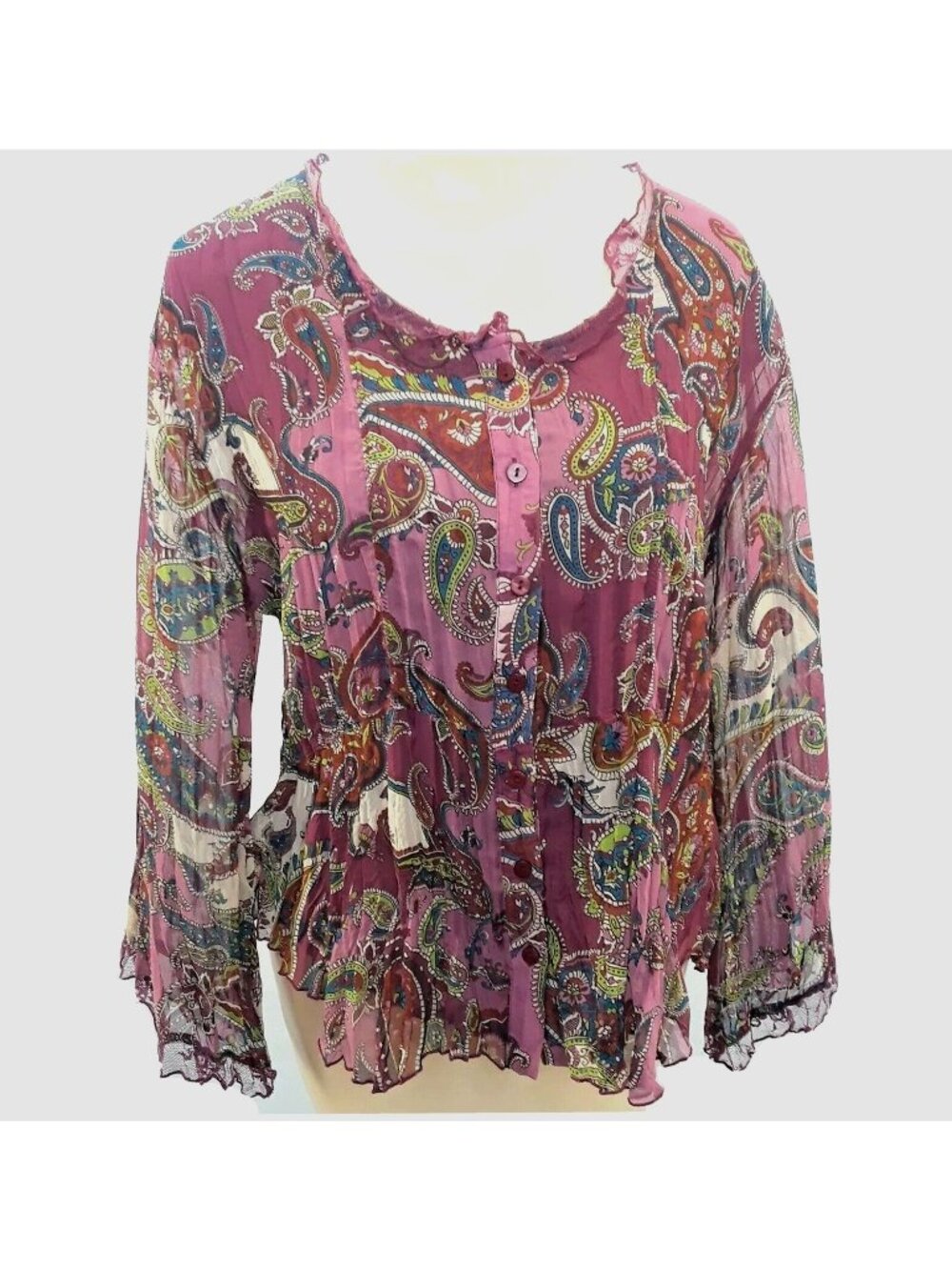 Coldwater Creek Blouse Women's Petite XS Plum Paisley Button Front Sheer Sleeve